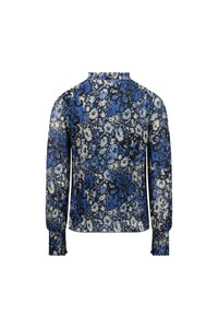 Back view of long sleeve blue floral blouse with shirred cuffs and lightweight fabric