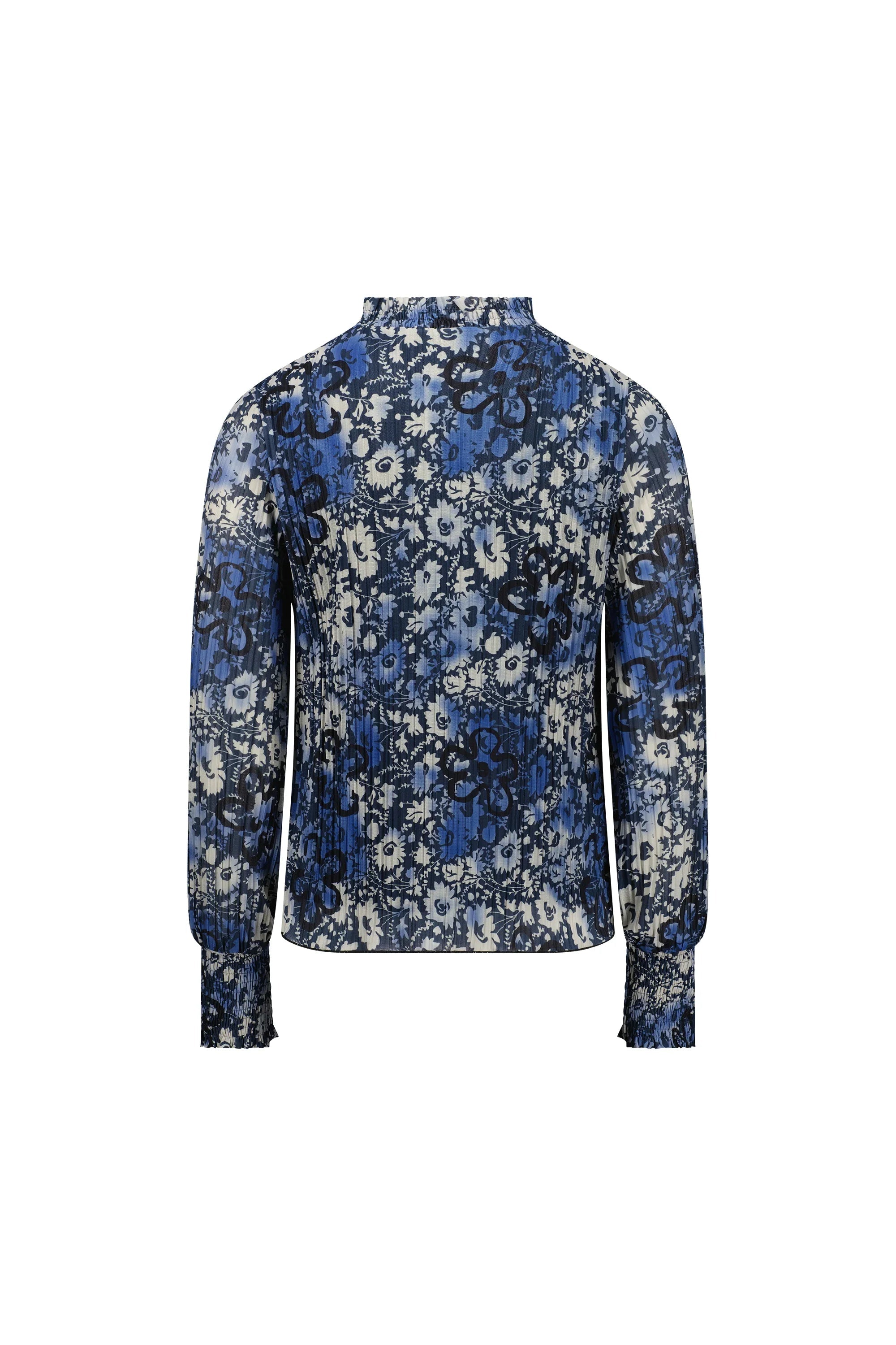 Back view of long sleeve blue floral blouse with shirred cuffs and lightweight fabric