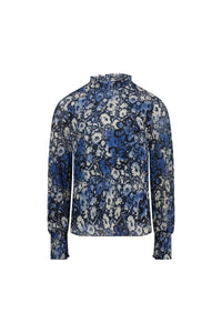 Long sleeve blue floral print blouse with high neck and gathered cuffs, contemporary style