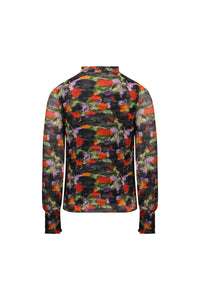 Back view of a long sleeve mesh top with colorful abstract floral print and smocked cuffs