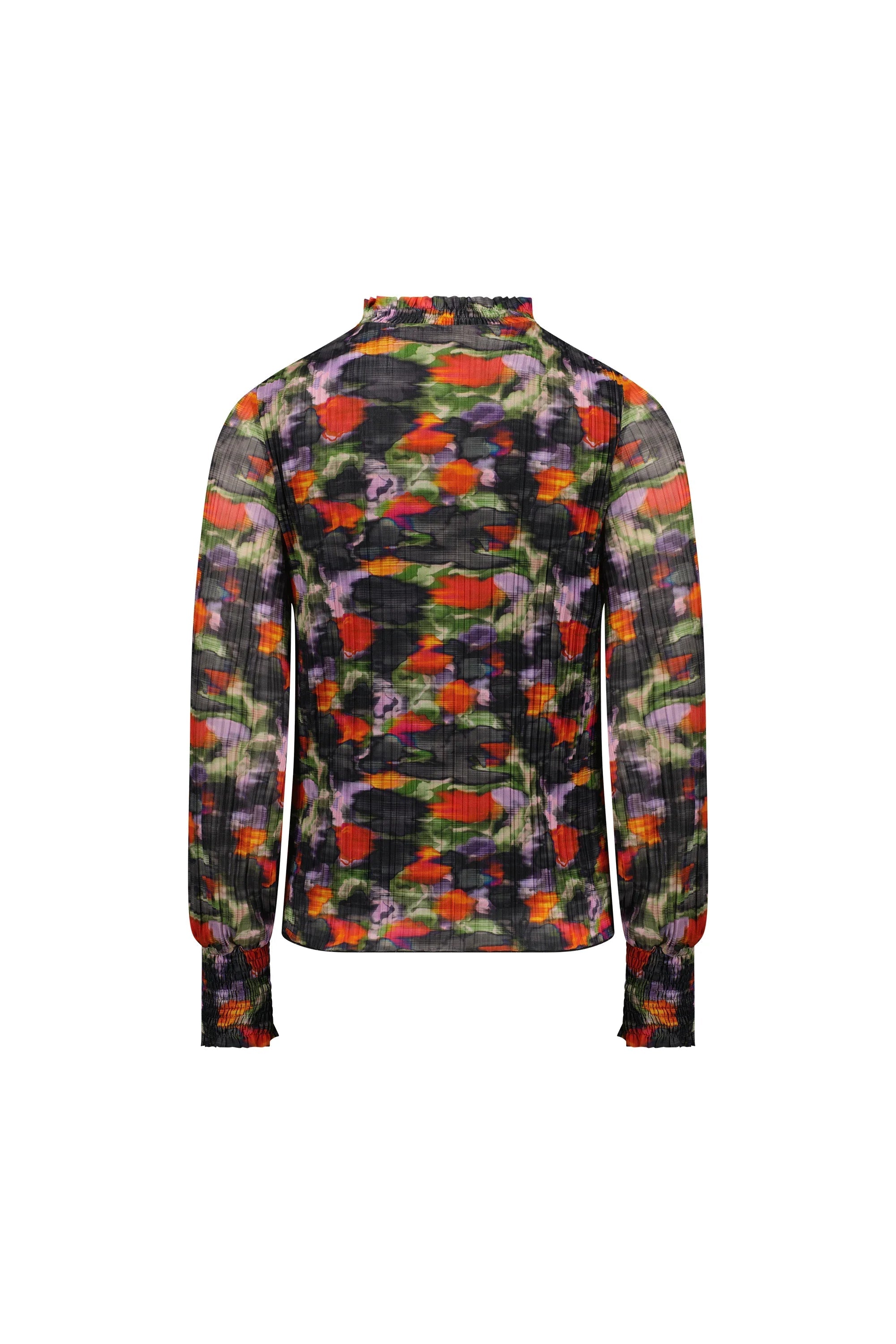 Back view of a long sleeve mesh top with colorful abstract floral print and smocked cuffs