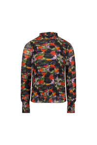 Long sleeve mesh top with colorful abstract floral print, ruffled high neck and cuffs