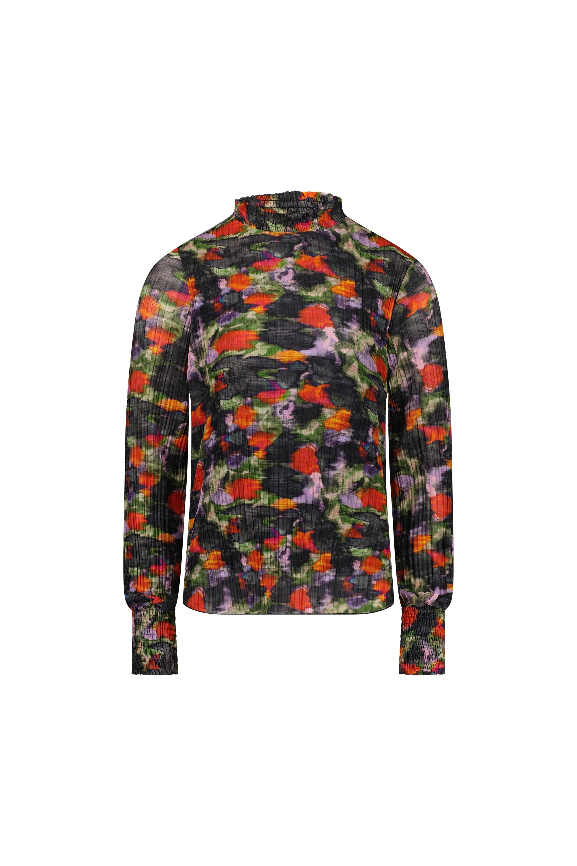 Long sleeve mesh top with colorful abstract floral print, ruffled high neck and cuffs