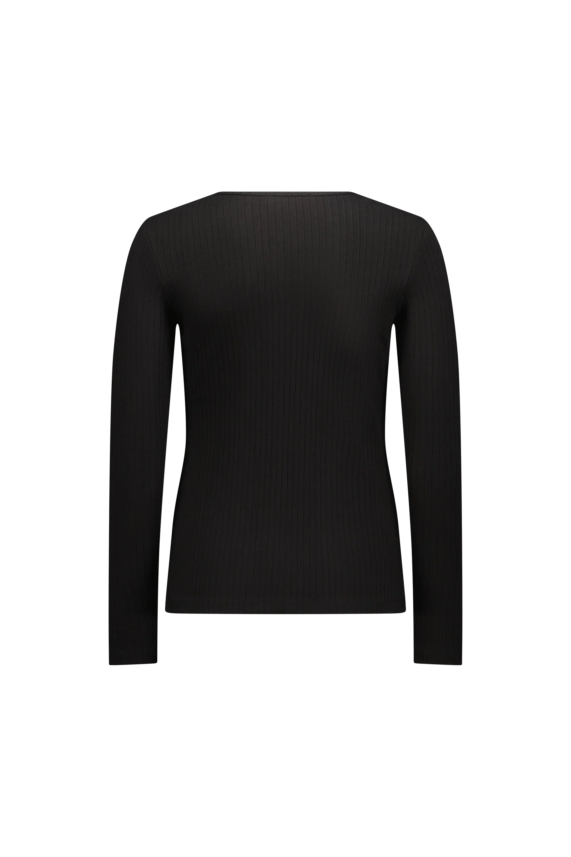 Back view of black ribbed long sleeve knit top on white background