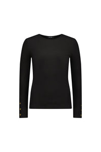 Black ribbed long sleeve top with gold button cuffs, crew neck, minimalist design