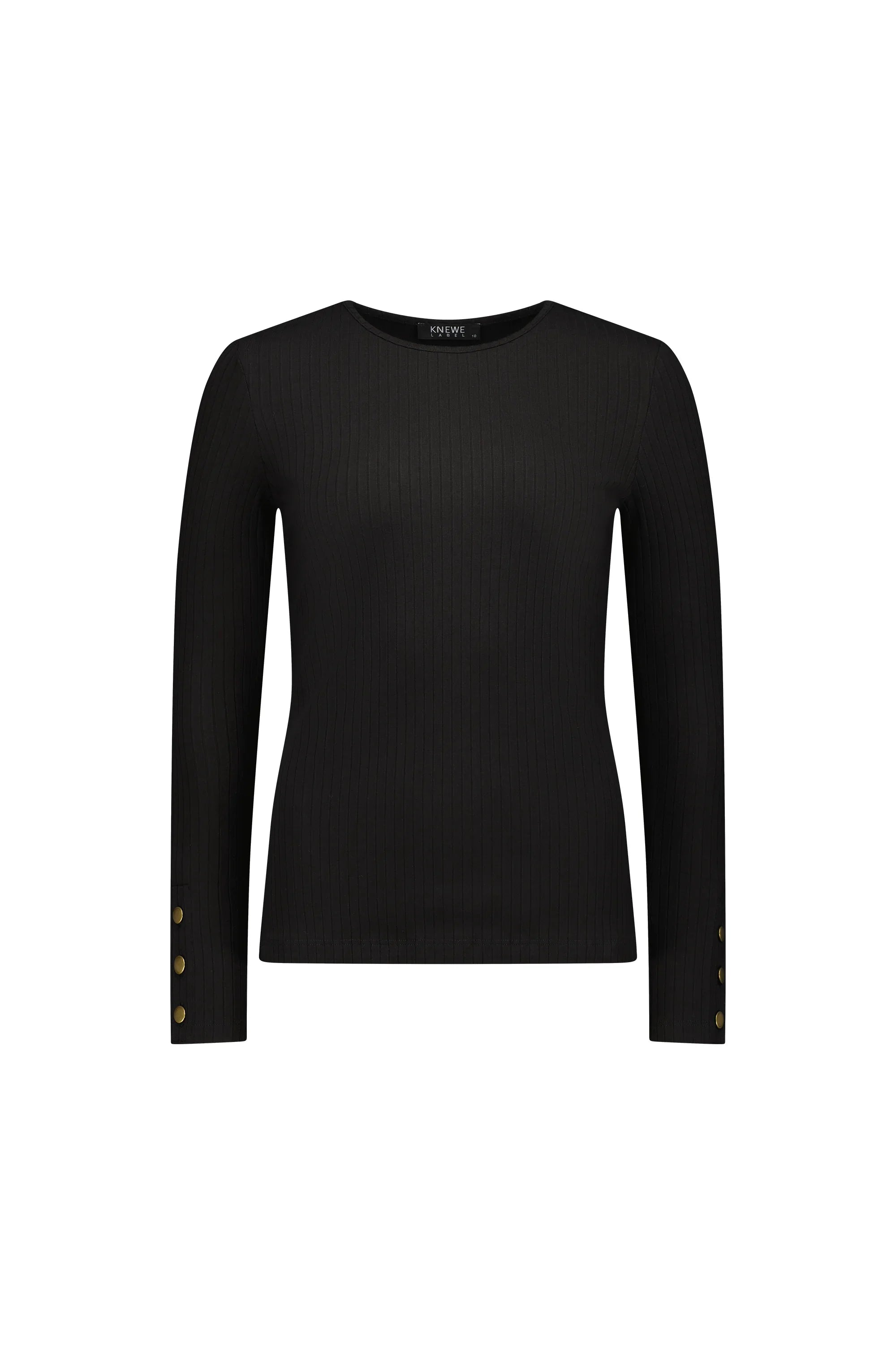 Black ribbed long sleeve top with gold button cuffs, crew neck, minimalist design