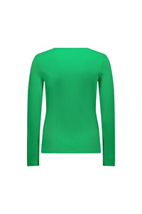 Back view of a vibrant green ribbed long sleeve knit top on white background