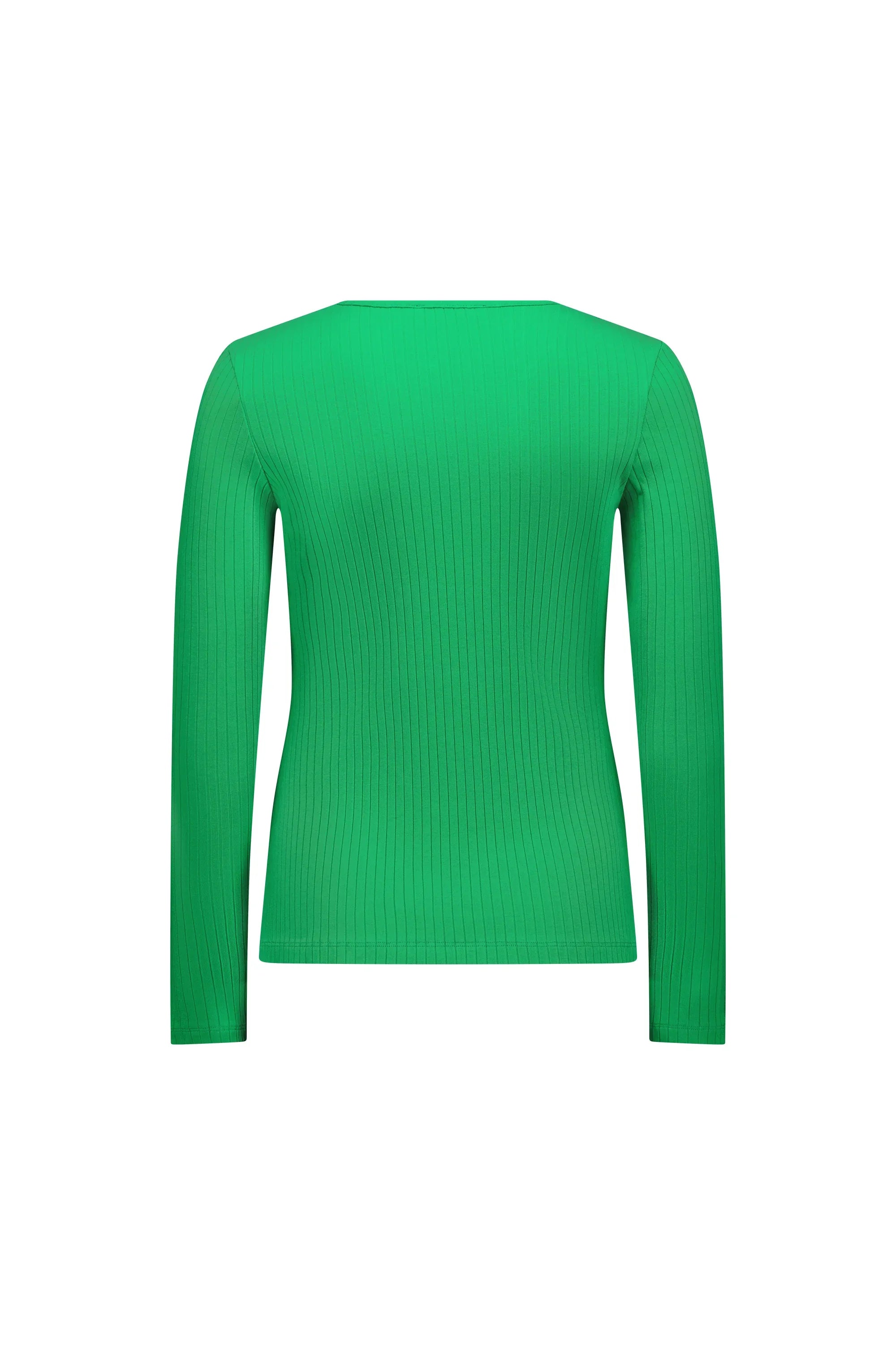 Back view of a vibrant green ribbed long sleeve knit top on white background