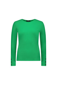 Green ribbed long sleeve knit top with button detail on cuffs, crew neck, front view