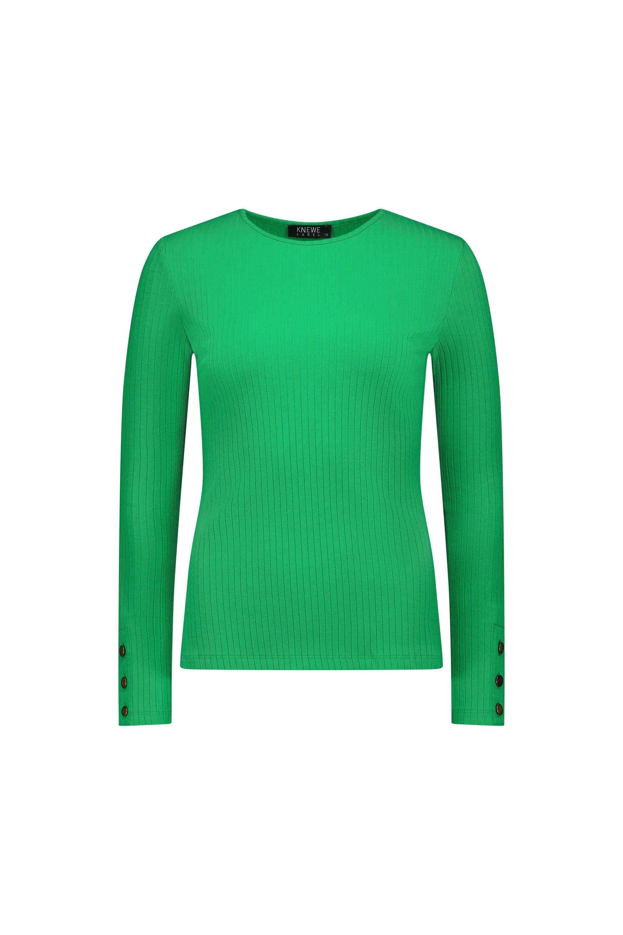 Green ribbed long sleeve knit top with button detail on cuffs, crew neck, front view