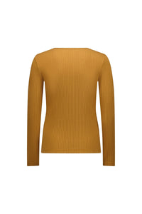 back view of ribbed tobacco brown long sleeve top, slim fit, contemporary style