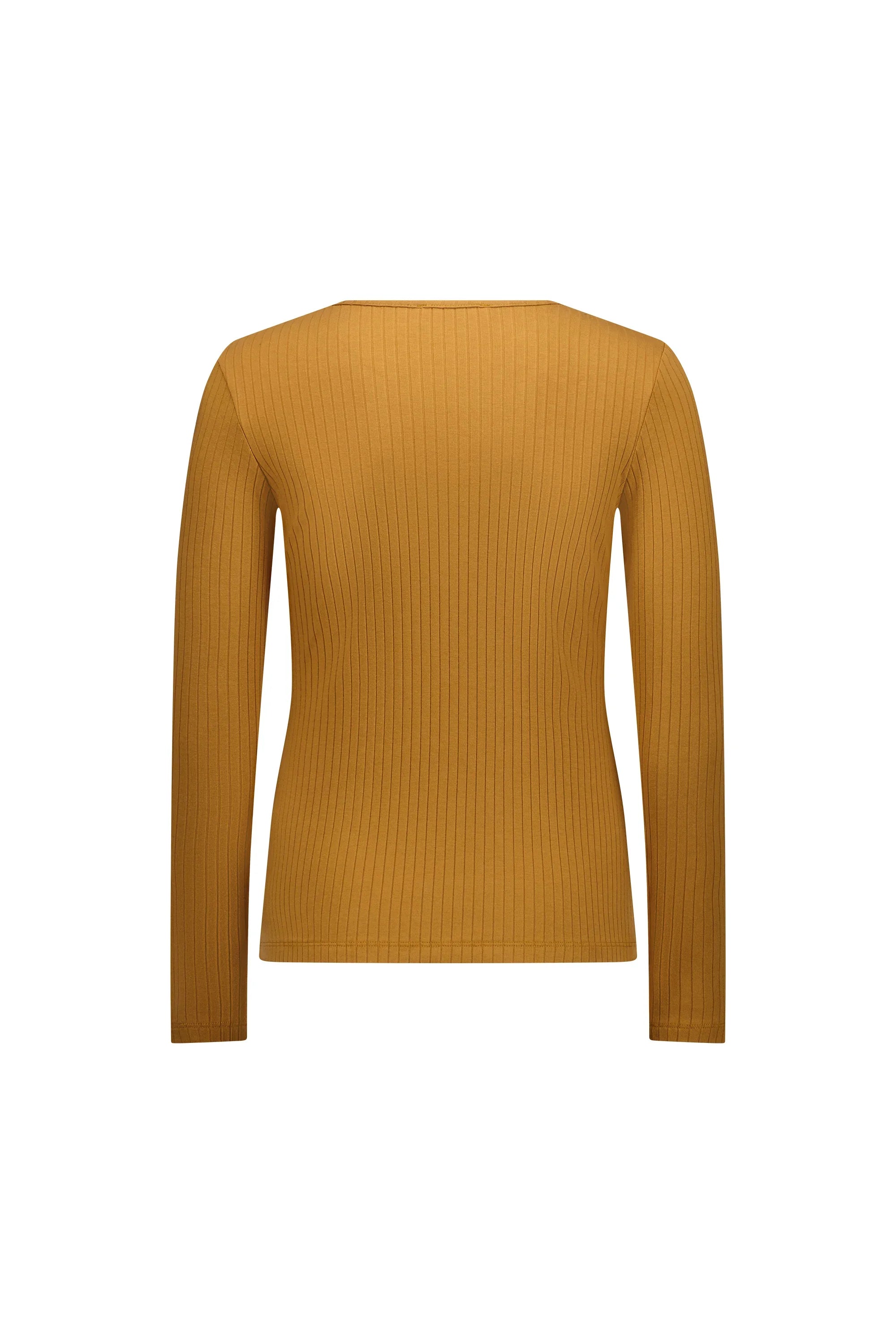 back view of ribbed tobacco brown long sleeve top, slim fit, contemporary style
