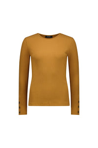 Tobacco brown ribbed long sleeve knit top with crew neck and button cuffs, front view