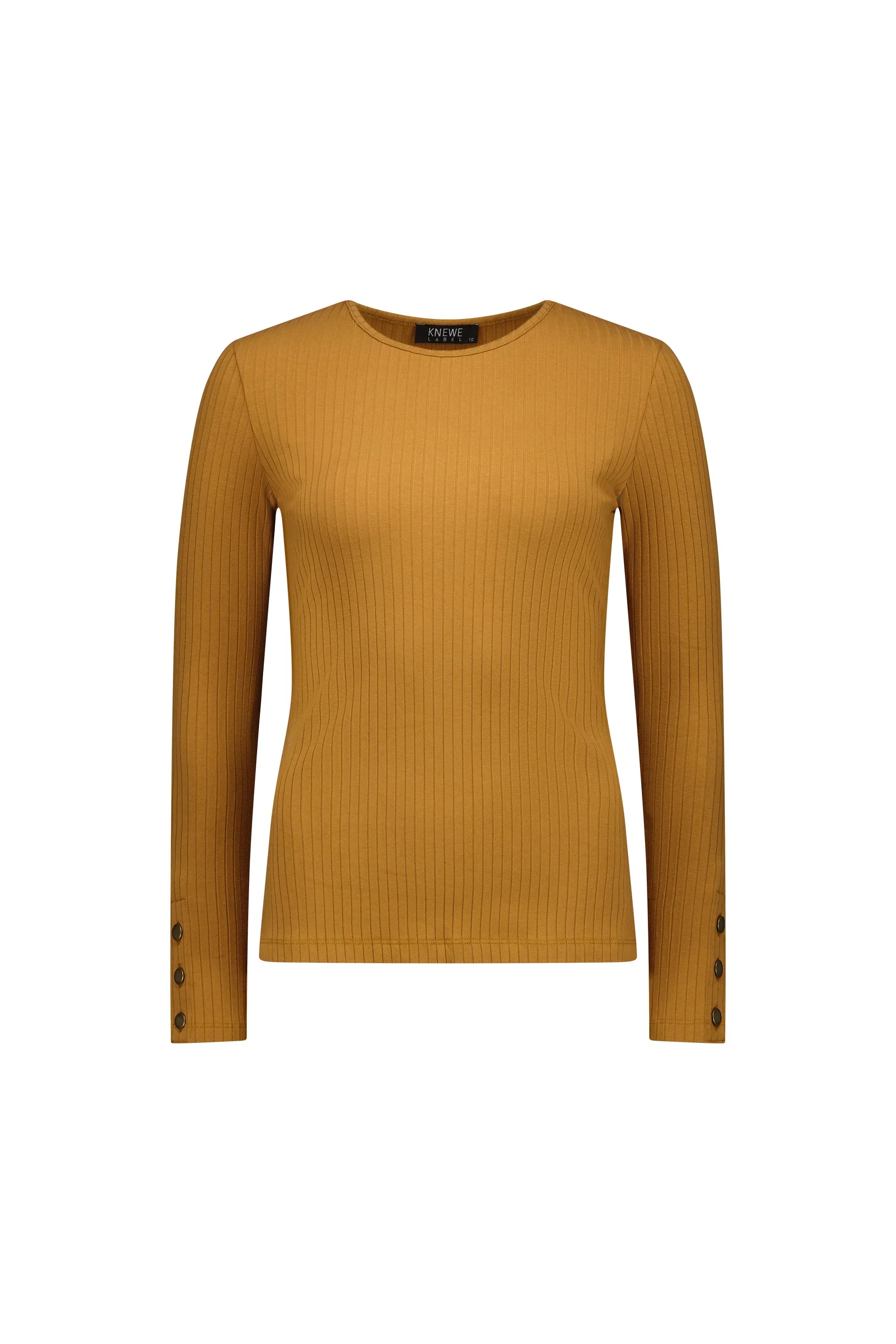 Tobacco brown ribbed long sleeve knit top with crew neck and button cuffs, front view