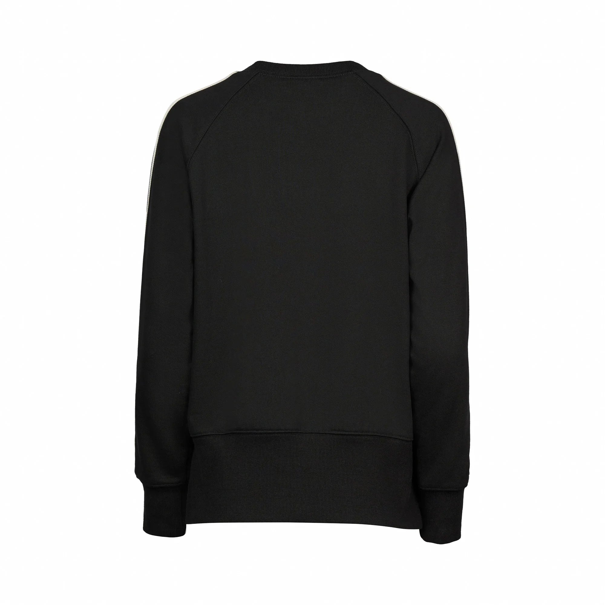 Back view of plain black women's jumper with long sleeves and ribbed cuffs