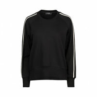Black crew neck jumper with white side stripes on sleeves, stylish knitwear fashion