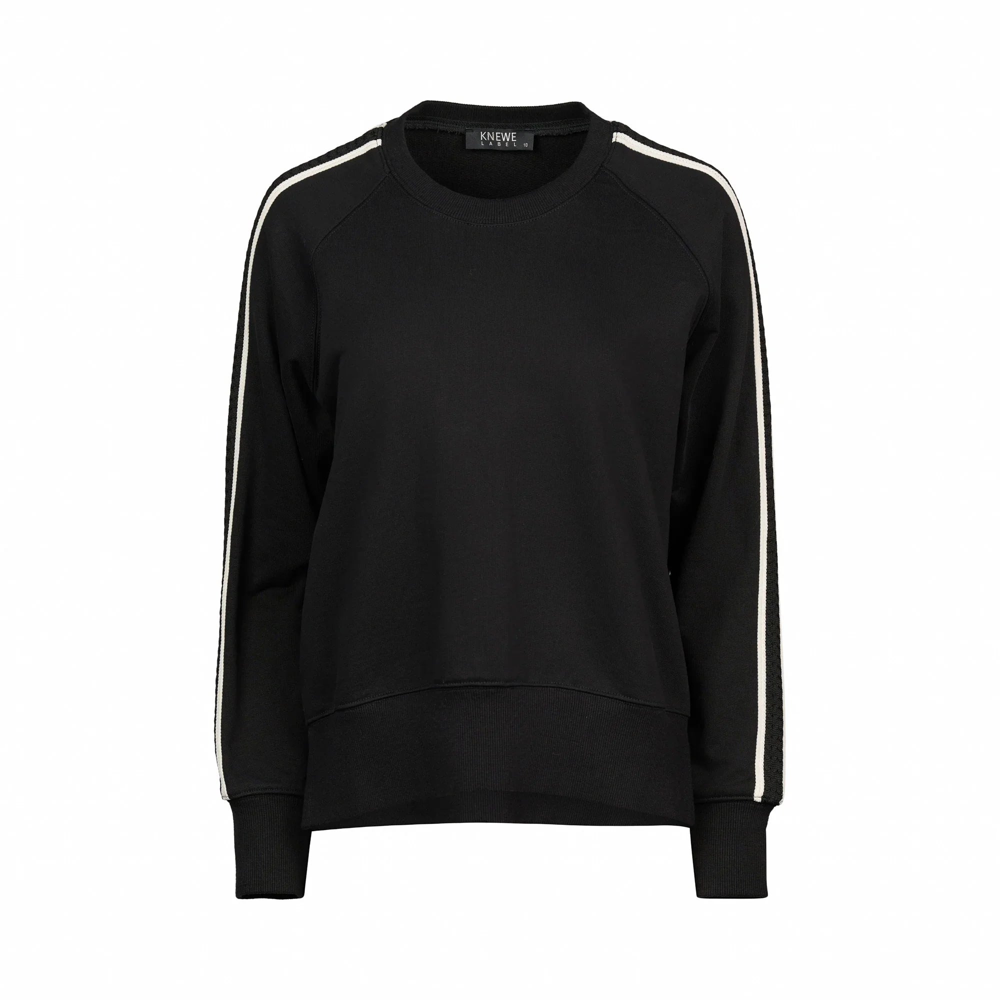 Black crew neck jumper with white side stripes on sleeves, stylish knitwear fashion