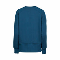 Back view of a petrol blue knit jumper with long sleeves and relaxed fit