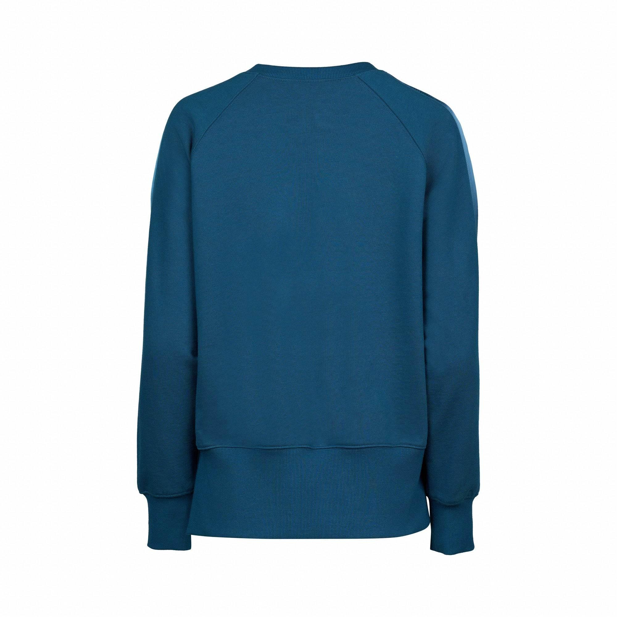 Back view of a petrol blue knit jumper with long sleeves and relaxed fit
