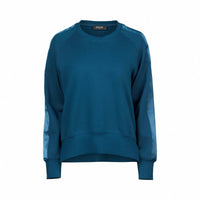 petrol blue knit jumper with crew neckline and satin sleeve panels on white background