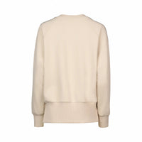 Back view of stone beige knit jumper with long sleeves and ribbed cuffs.