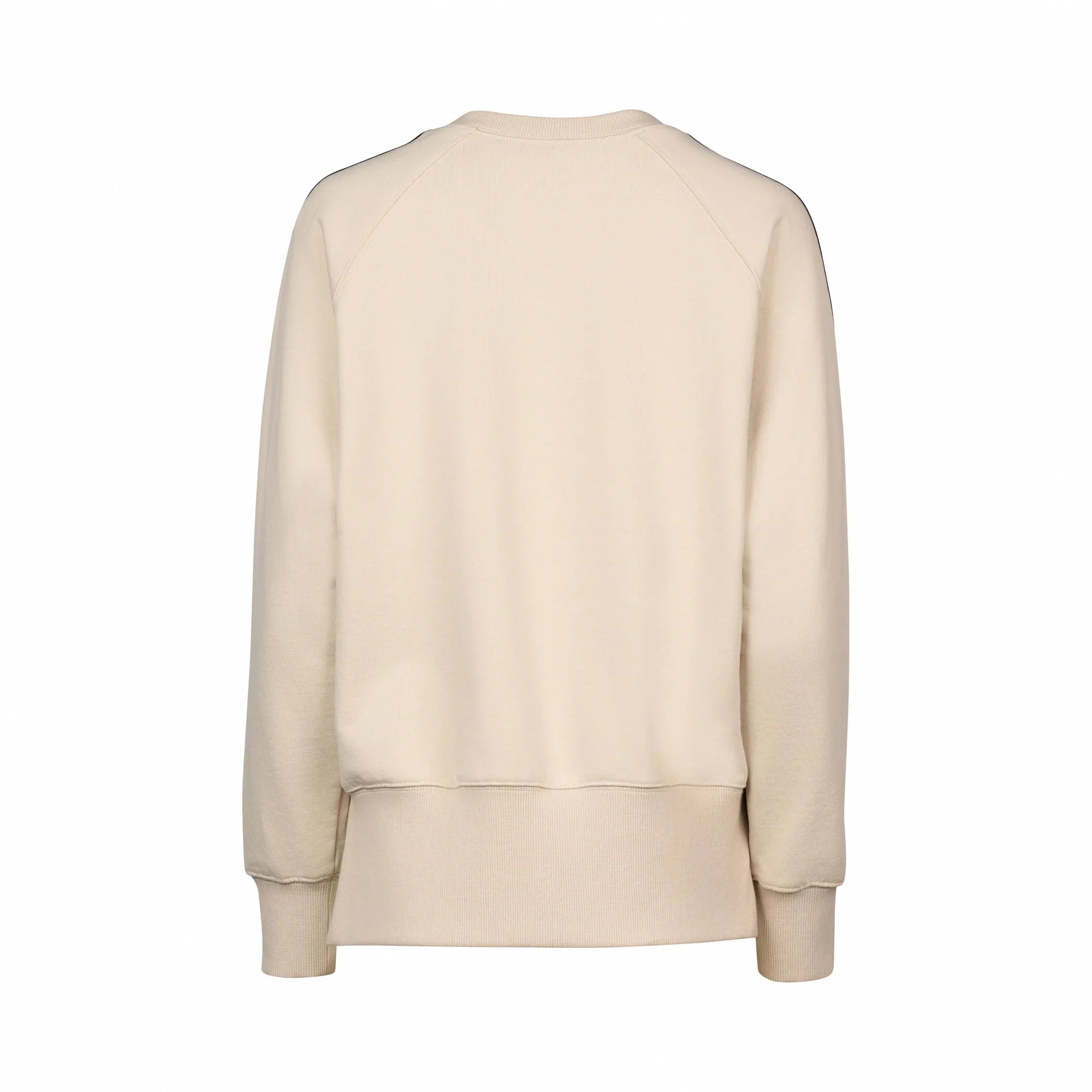 Back view of stone beige knit jumper with long sleeves and ribbed cuffs.