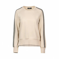 Beige knit jumper with black patterned tape detail on sleeves, relaxed fit, crew neck