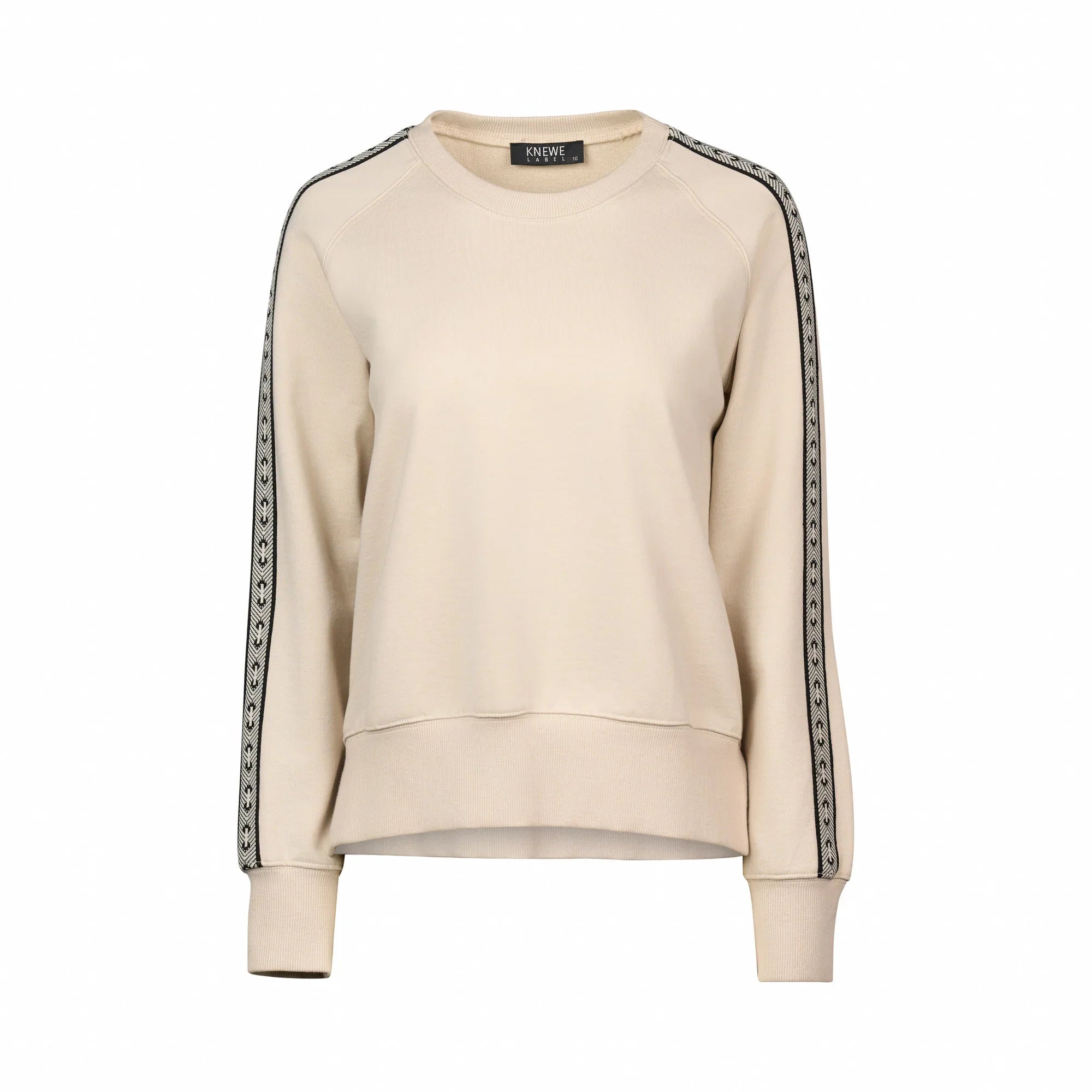 Beige knit jumper with black patterned tape detail on sleeves, relaxed fit, crew neck