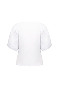 Back view of white puff sleeve blouse on plain background, contemporary fashion top
