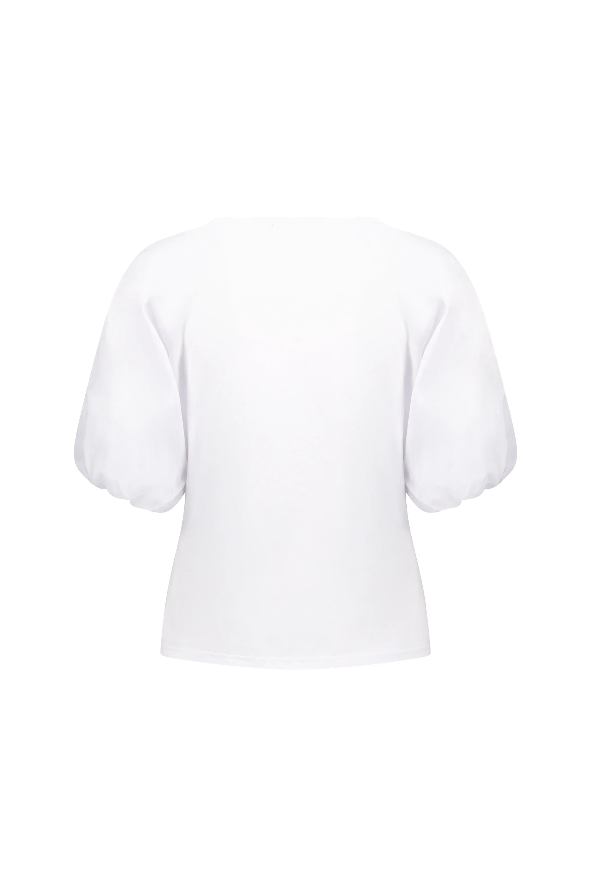 Back view of white puff sleeve blouse on plain background, contemporary fashion top