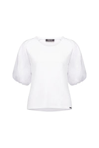 White short-sleeve top with puff sleeves and round neckline, contemporary women’s fashion
