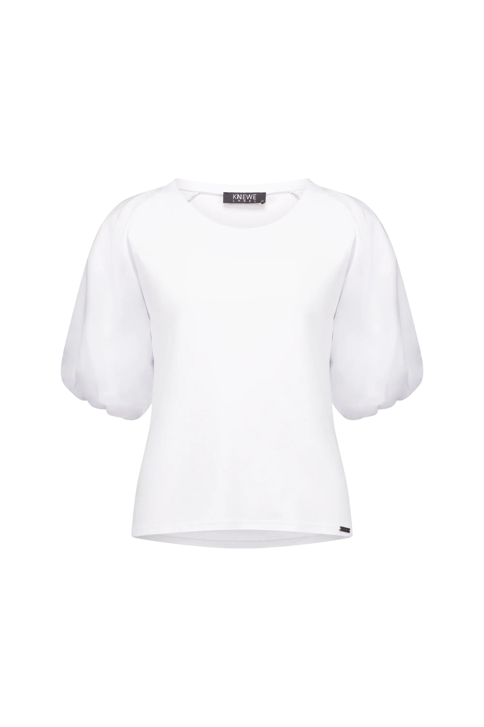 White short-sleeve top with puff sleeves and round neckline, contemporary women’s fashion