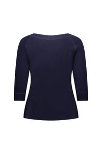 Back view of a navy blue three-quarter sleeve women's tee with raglan sleeves