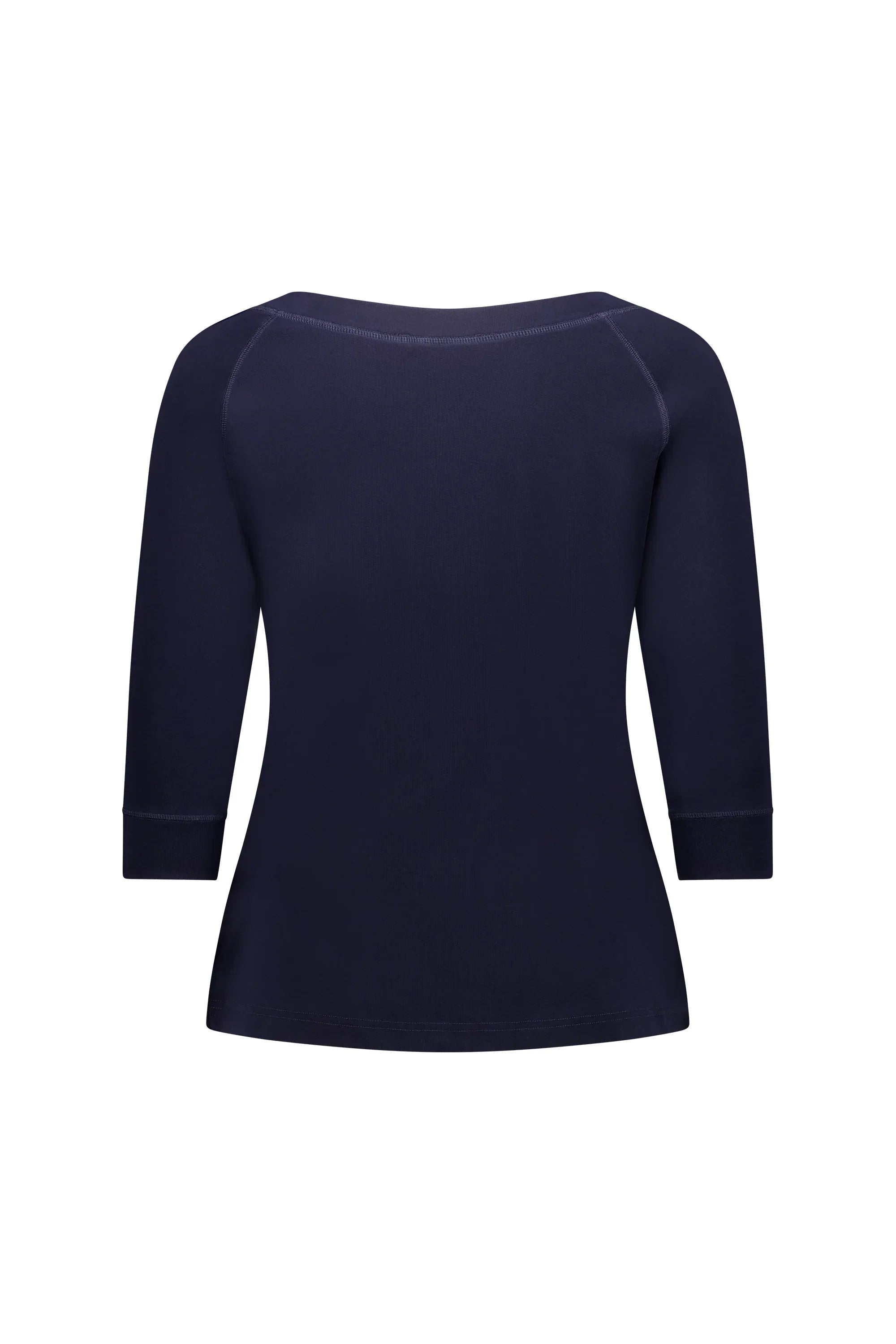 Back view of a navy blue three-quarter sleeve women's tee with raglan sleeves