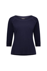 Women's navy blue three-quarter sleeve tee with crew neck, minimalist design