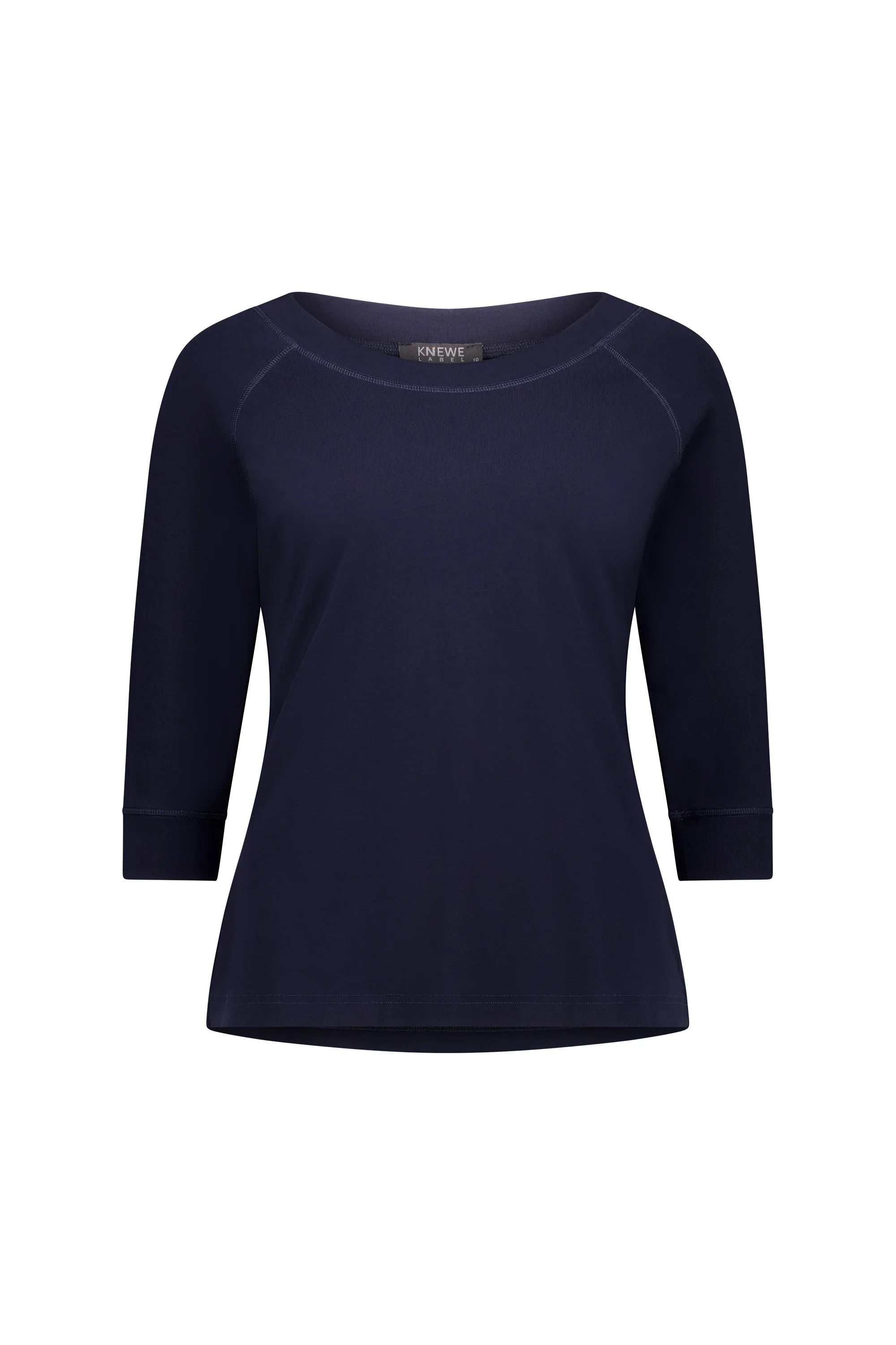 Women's navy blue three-quarter sleeve tee with crew neck, minimalist design