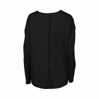 Back view of black long sleeve top with center seam and split hem