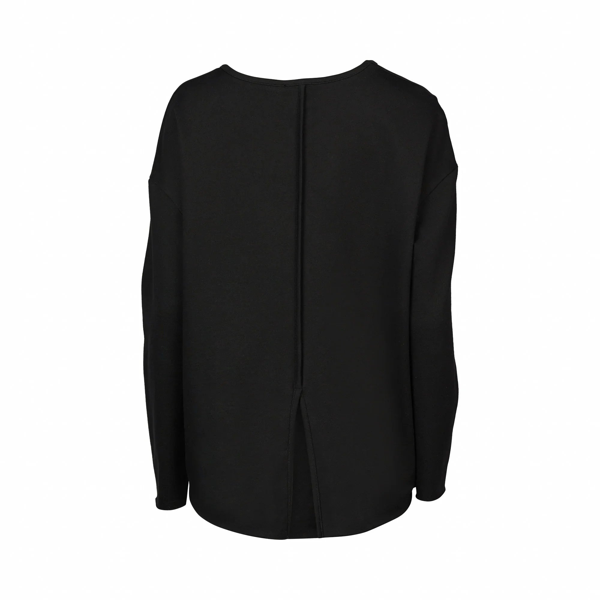 Back view of black long sleeve top with center seam and split hem