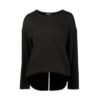 black long sleeve knit top with high-low hem and front split, displayed on white background
