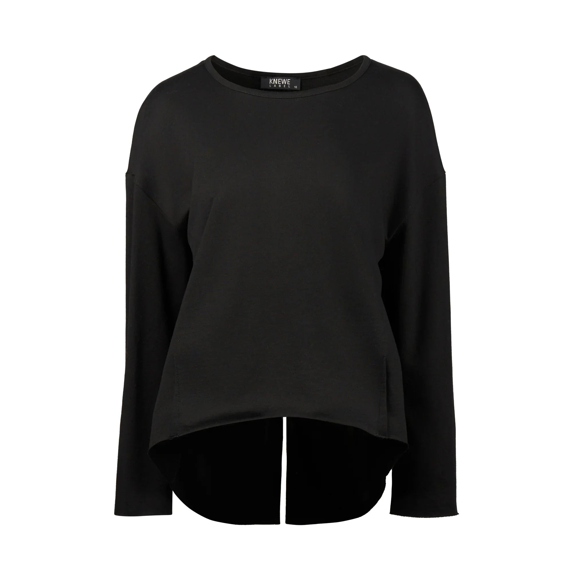 black long sleeve knit top with high-low hem and front split, displayed on white background