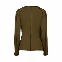Back view of olive green long sleeve top with black contrast seams, contemporary style