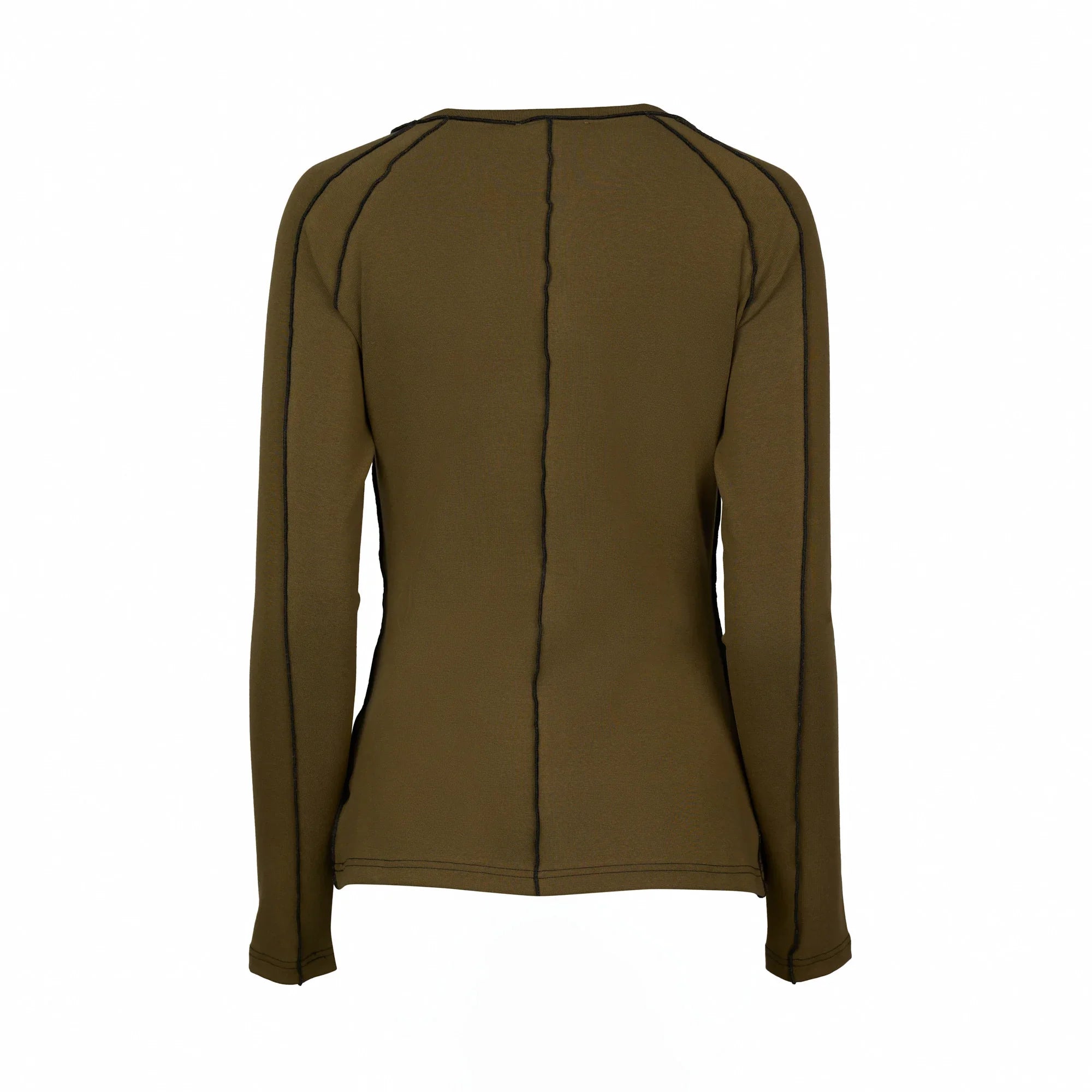 Back view of olive green long sleeve top with black contrast seams, contemporary style