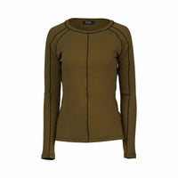 Women's olive long sleeve top with visible black seam details, crew neck, plain background
