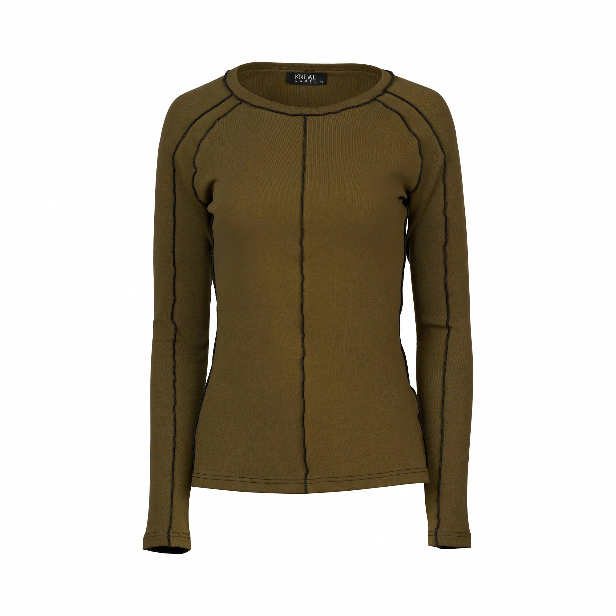 Women's olive long sleeve top with visible black seam details, crew neck, plain background