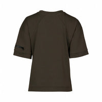 Back view of dark green short sleeve tee with zip pocket on sleeve, contemporary style