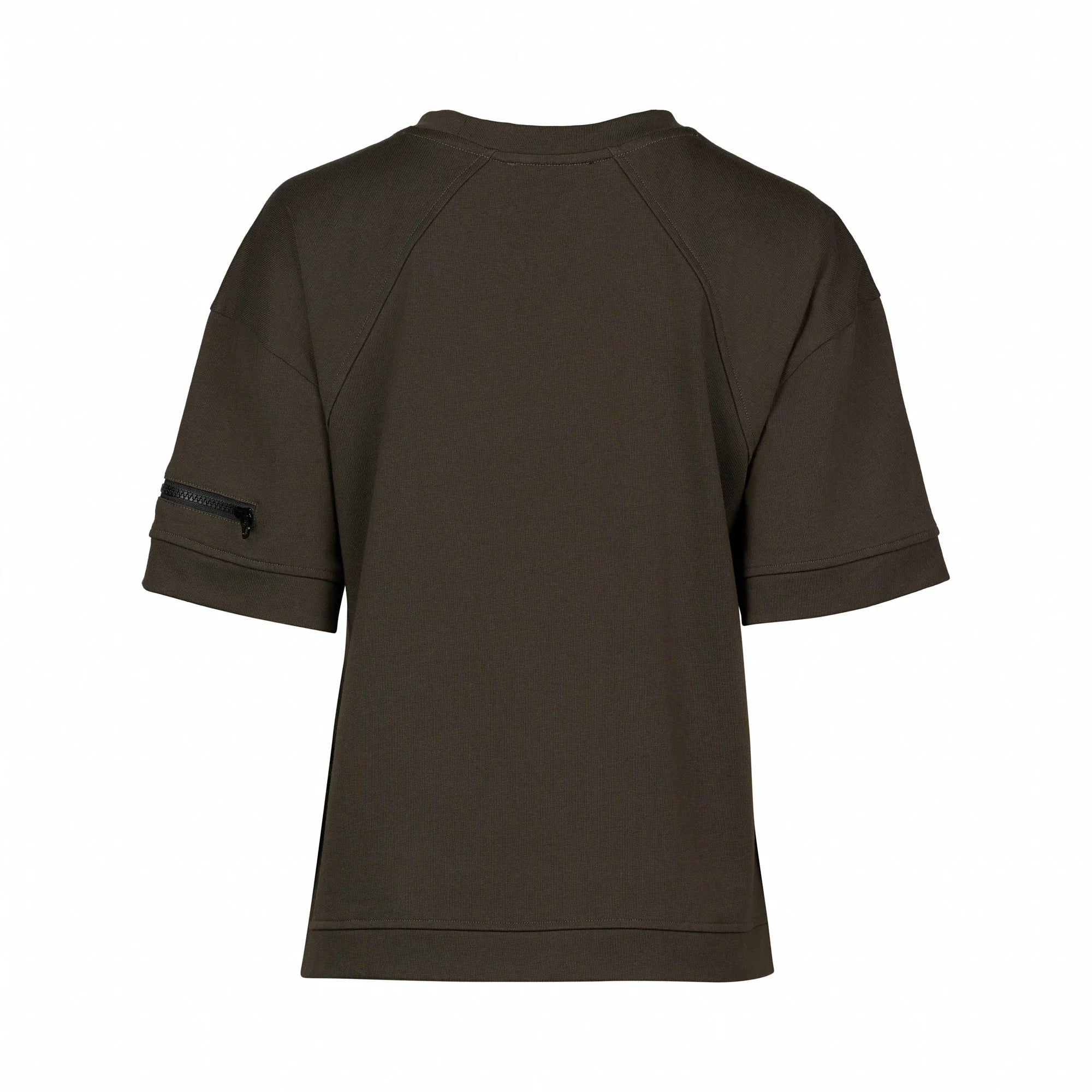 Back view of dark green short sleeve tee with zip pocket on sleeve, contemporary style