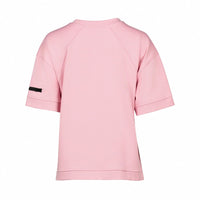 Back view of a rose pink short sleeve tee with black zip detail on left sleeve