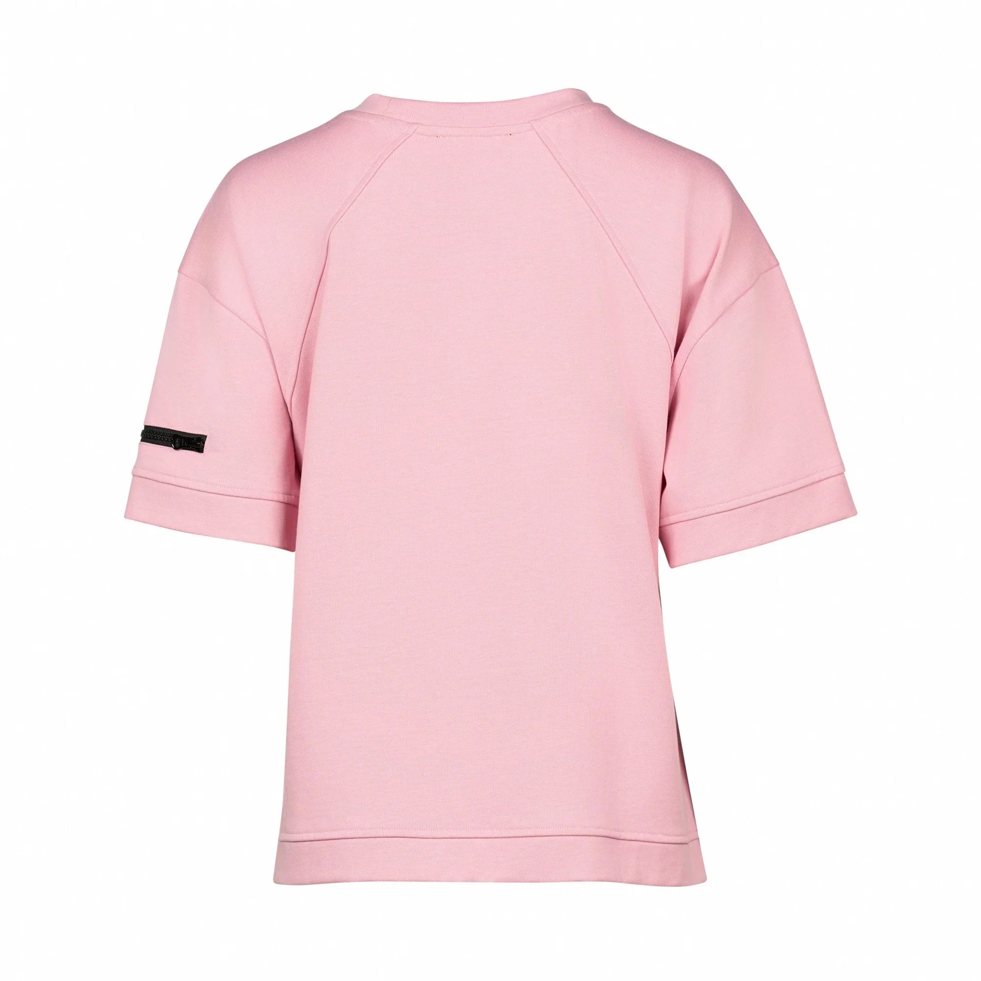 Back view of a rose pink short sleeve tee with black zip detail on left sleeve