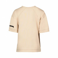Stone beige short sleeve tee with raglan sleeves and a black zip pocket on the left arm