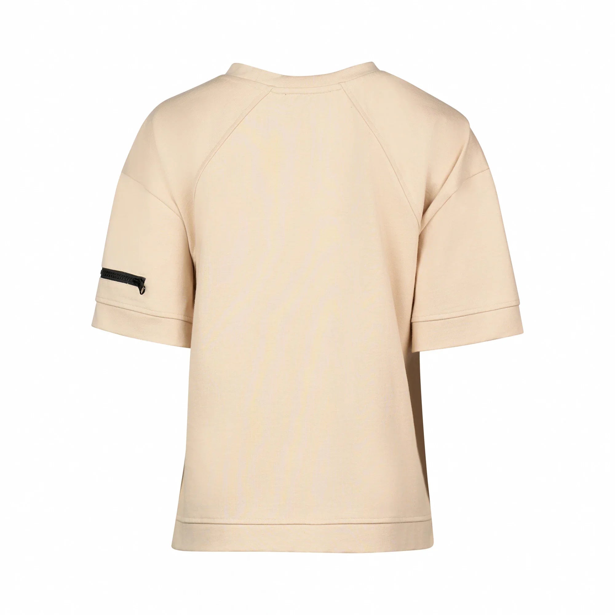 Stone beige short sleeve tee with raglan sleeves and a black zip pocket on the left arm